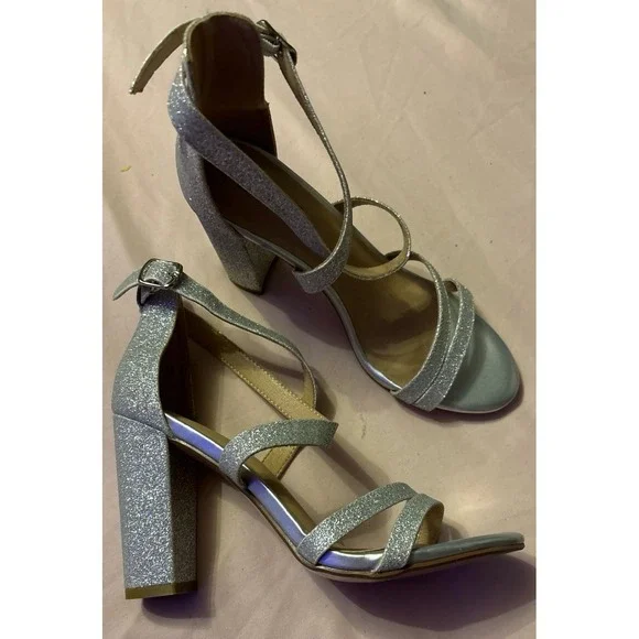 NEW Didifu Women's Silver Glitter Strappy Open Toe Chunky Heels, Size 9 - Picture 1 of 11